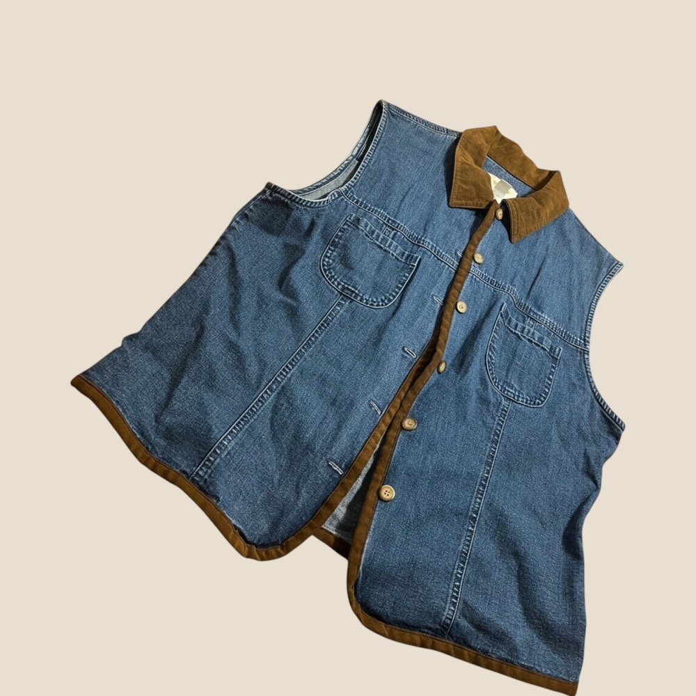 Talbots Vintage Denim Jacket Brown Corduroy Collar Dark Wash Cotton Blue Medium